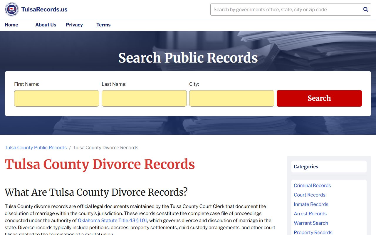 Broken Arrow Oklahoma - divorce decree records are maintained at the Tulsa County District Court