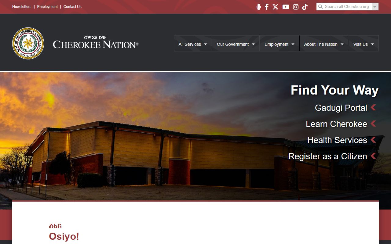 Cherokee Nation website showing tribal courts and legal resources relevant to Cherokee County divorce records