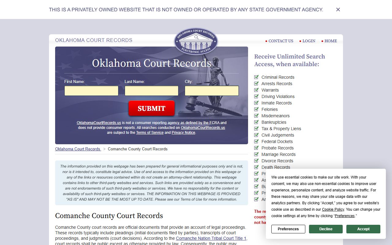 Oklahoma court records search for Comanche County divorce decree documents