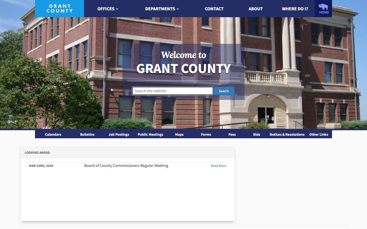Grant County government website showing county offices relevant to divorce decree records in Medford Oklahoma