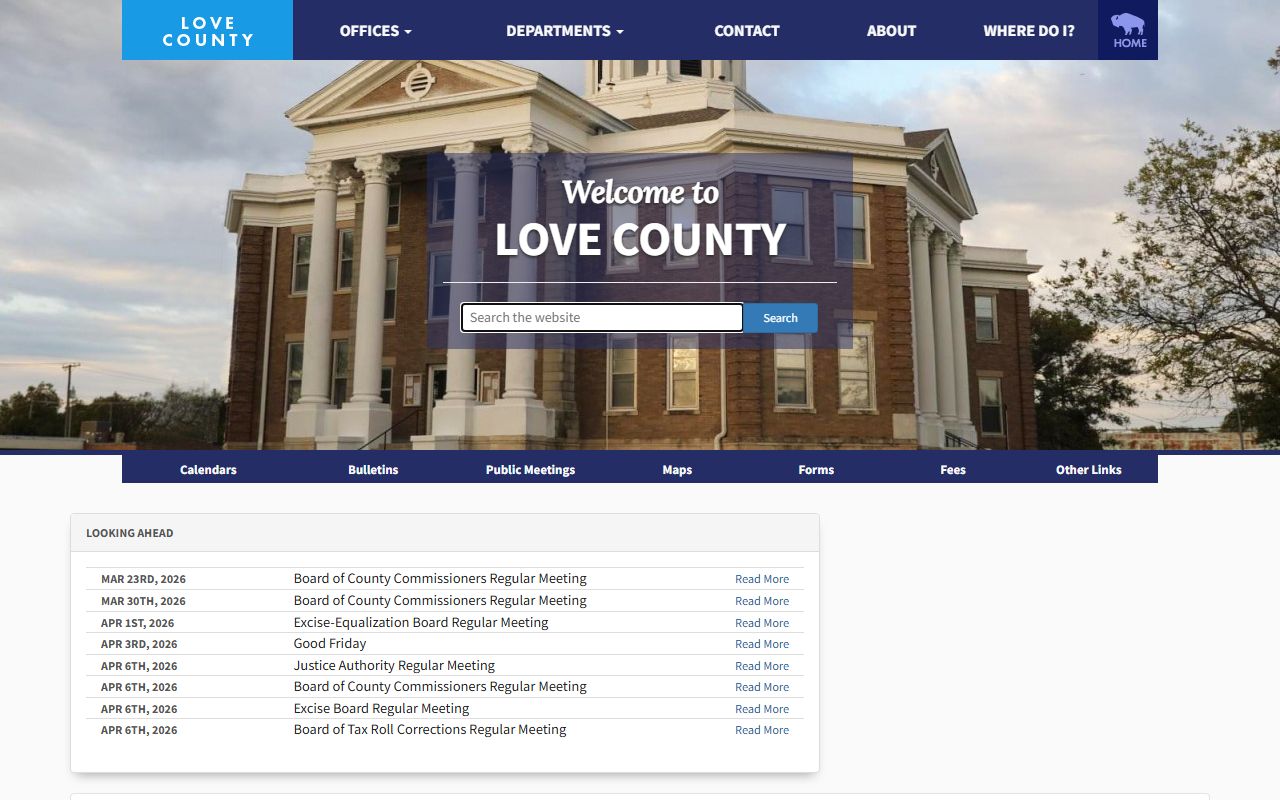 Love County Oklahoma government website with courthouse and court clerk contact details