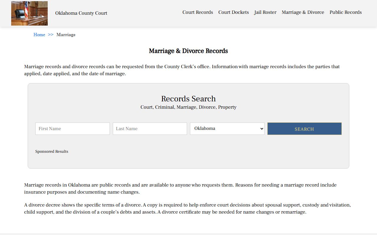 Oklahoma County Court marriage and divorce records page for searching divorce decree documents