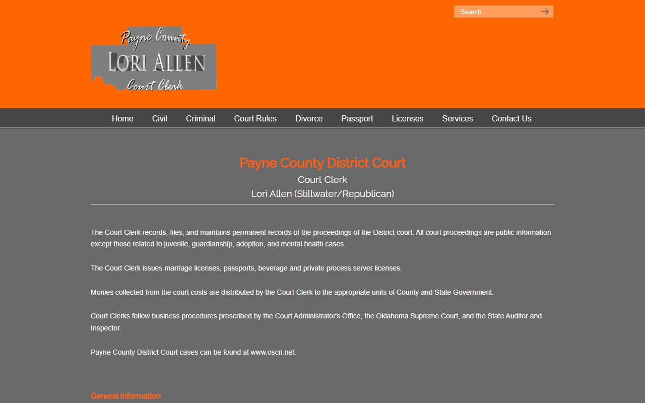 Payne County Court Clerk website for divorce decree records