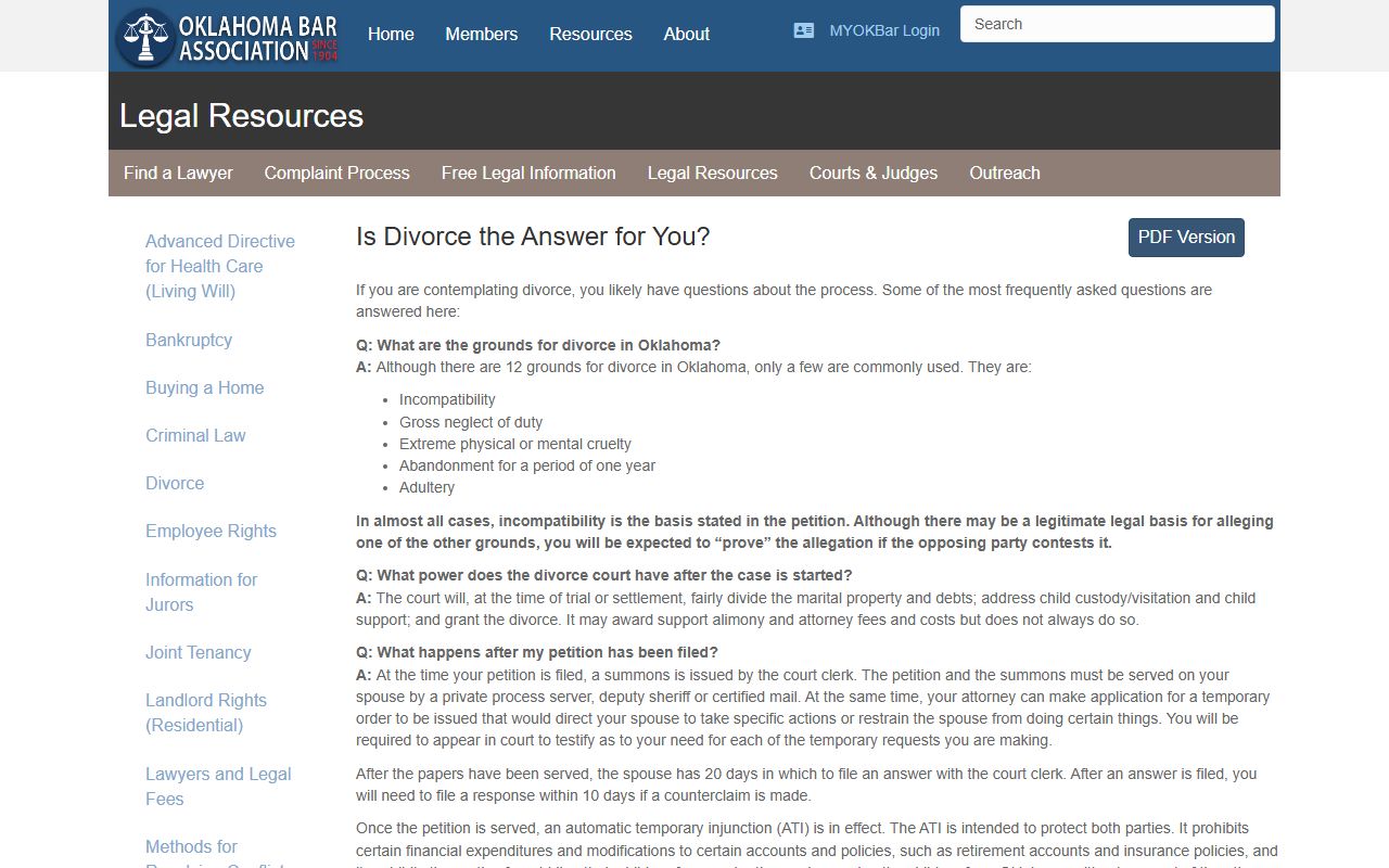 Oklahoma Bar Association divorce decree information page