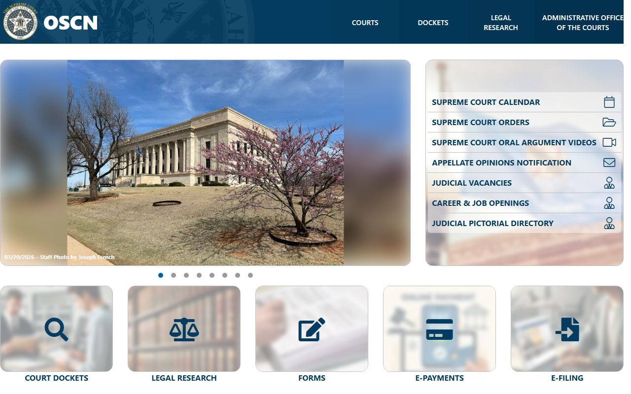 OSCN homepage for searching Oklahoma divorce decree records